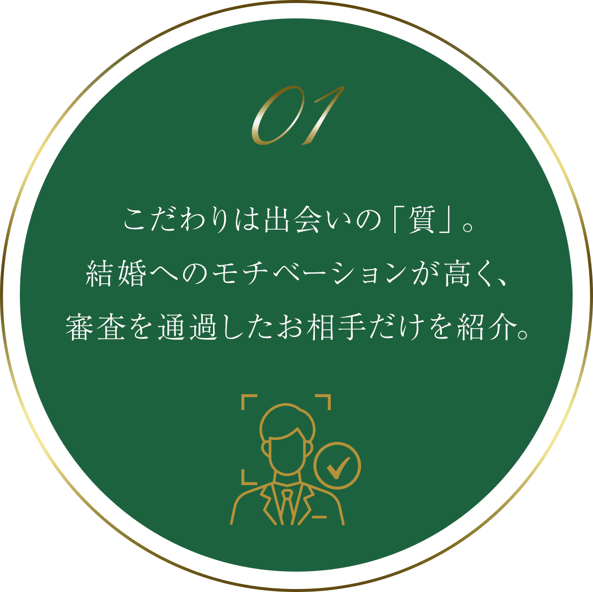 01 こだわりは出会いの「質」。結婚へのモチベーションが高く、審査を通過したお相手だけを紹介。