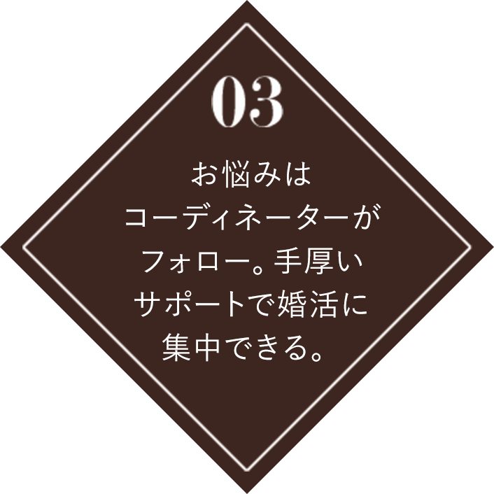 03 お悩みはコーディネーターがフォロー。手厚いサポートで婚活に集中できる。